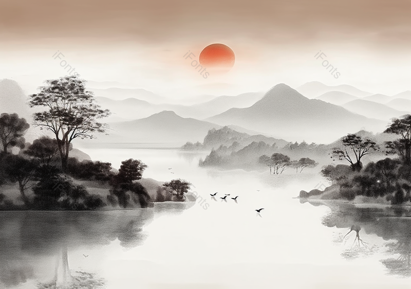 日落水墨山水风景画背景图,插画/手绘图,插画/手绘图库,插画/手绘图下载,插画/手绘